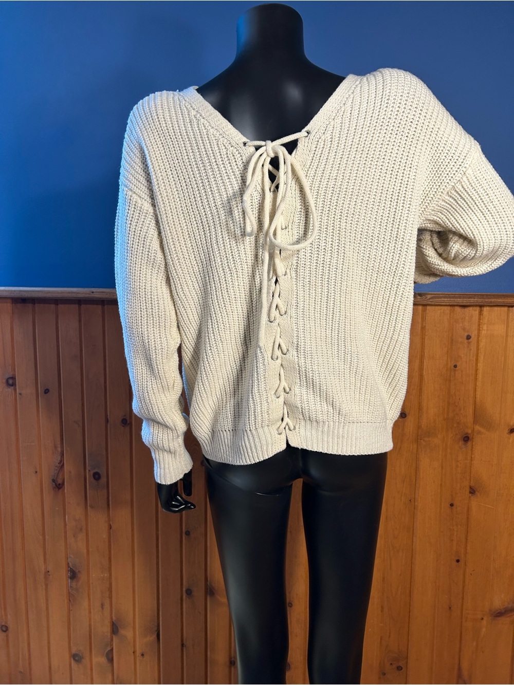 Chunky Lace-Up Back Sweater - Cream